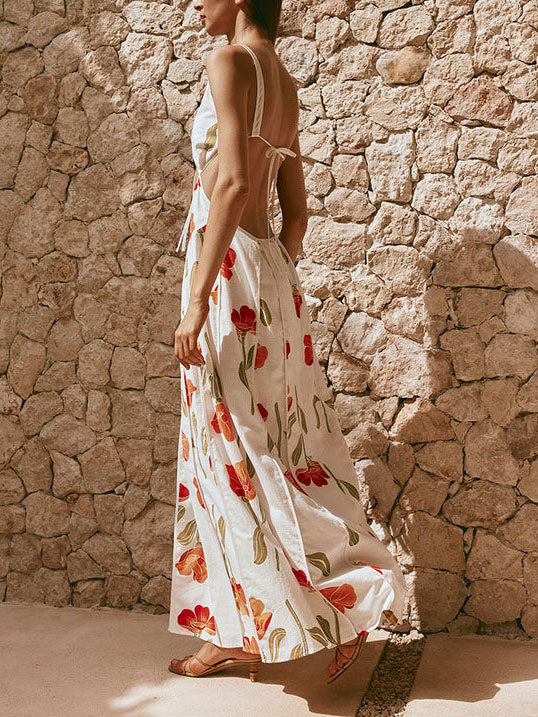 Fresh Floral Print Sexy Hollow Maxi Dress