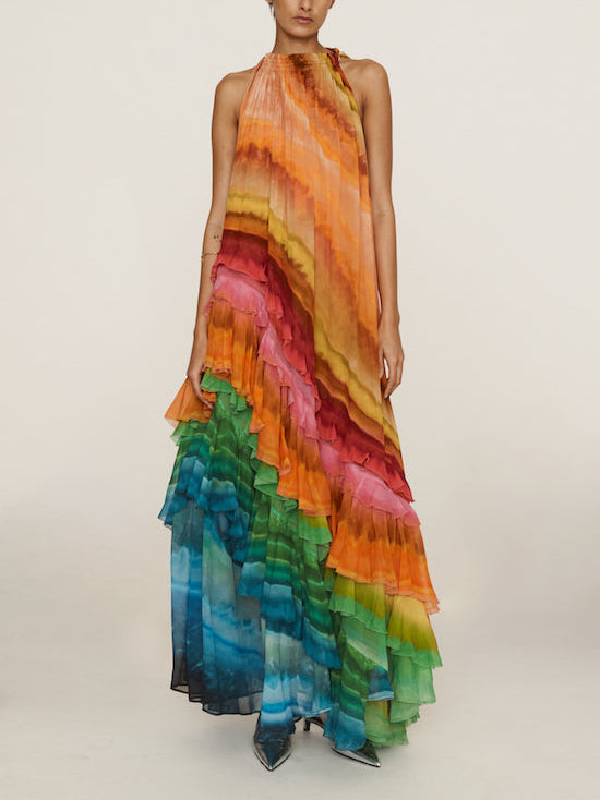 Unique Colorful Print Ruffle Maxi Dress