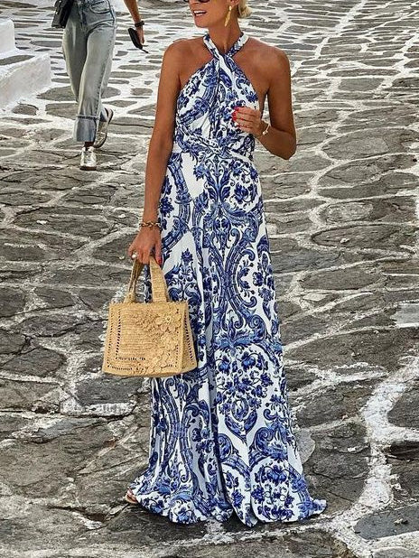 Delicate Floral Print Halterneck Maxi Dress