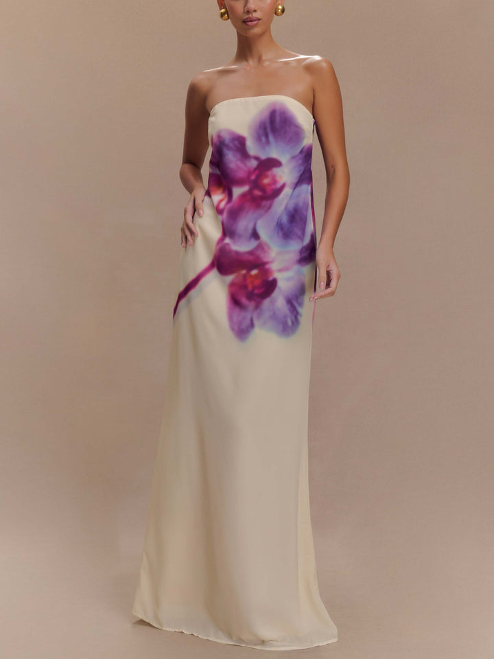 Casual Sexy Wrap Neck Orchid Print Maxi Dress