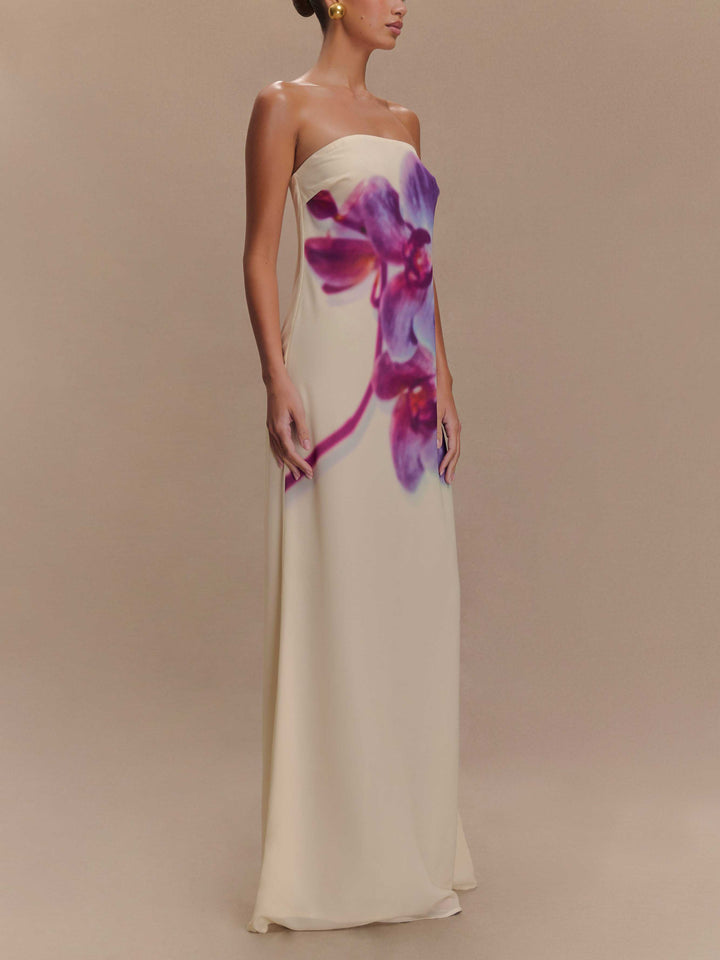 Casual Sexy Wrap Neck Orchid Print Maxi Dress