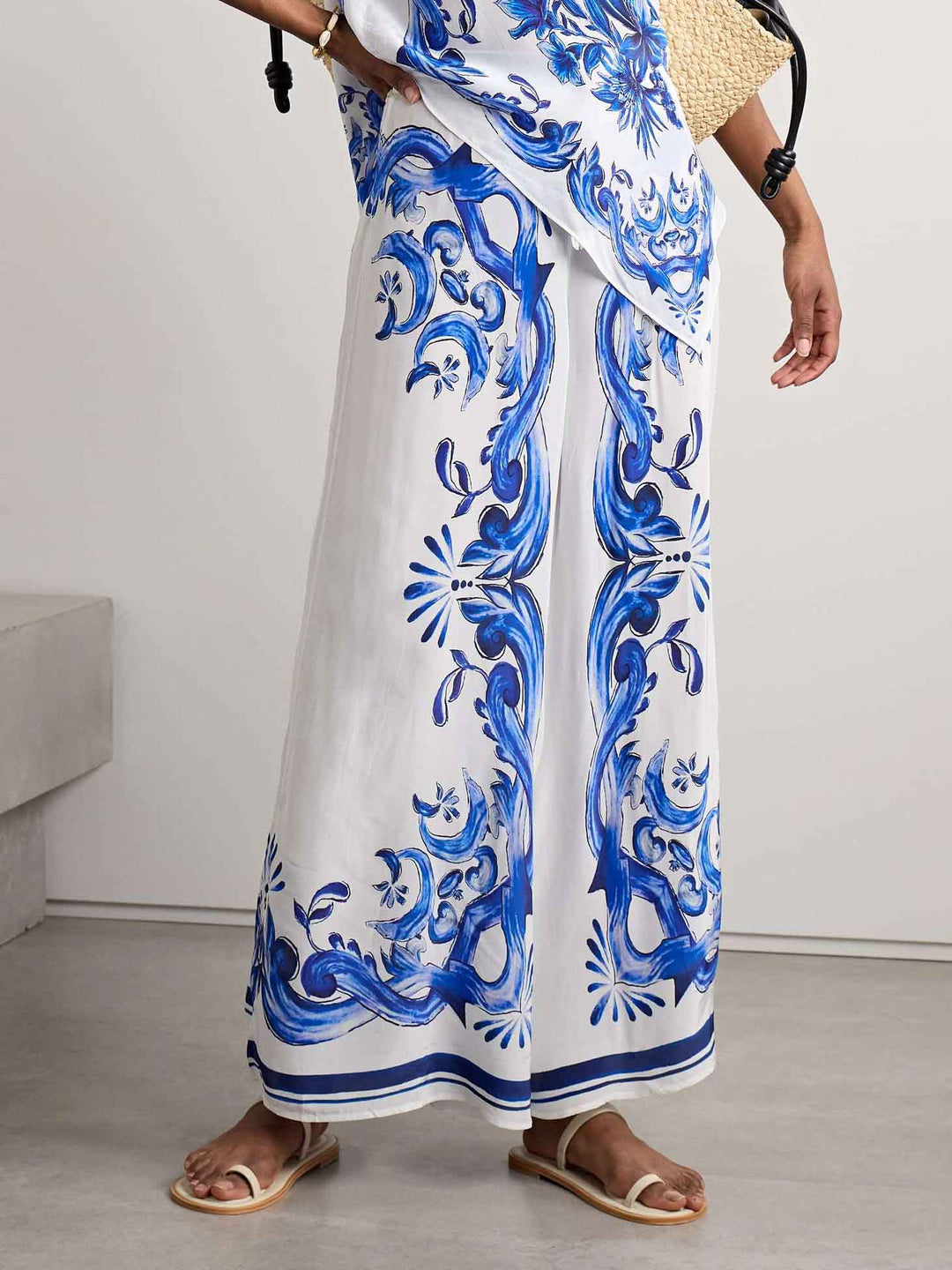 Exquisite Satin Garden Tile Print Loose Wide-leg Pants