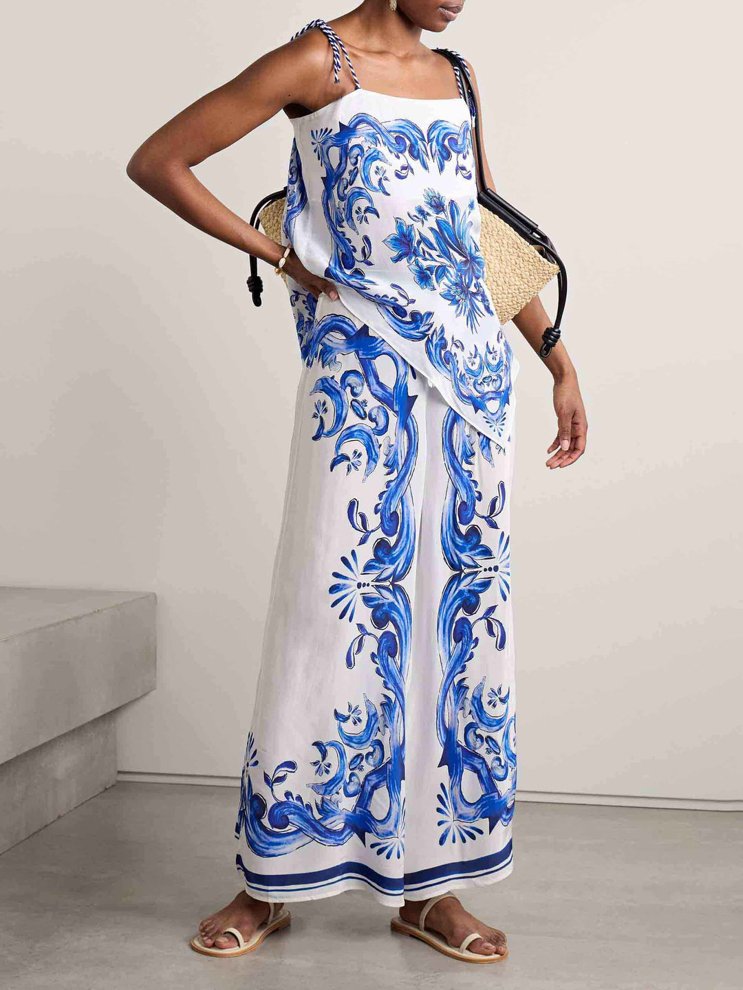 Exquisite Satin Garden Tile Print Loose Wide-leg Pants