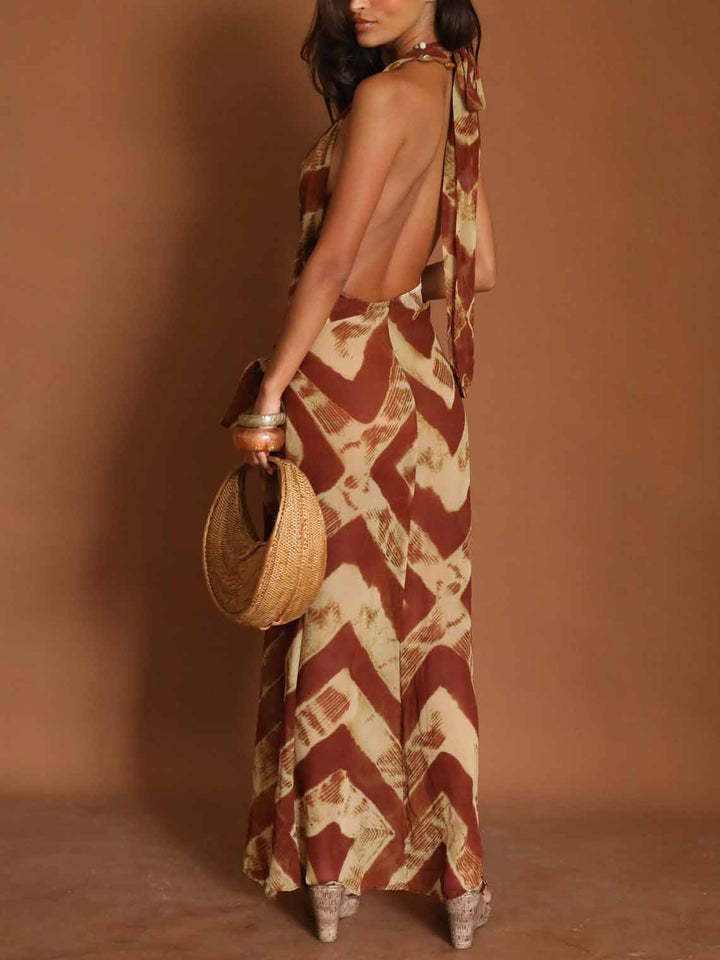 Personality Casual V-Neck Gradient Print Slit Midi Dress