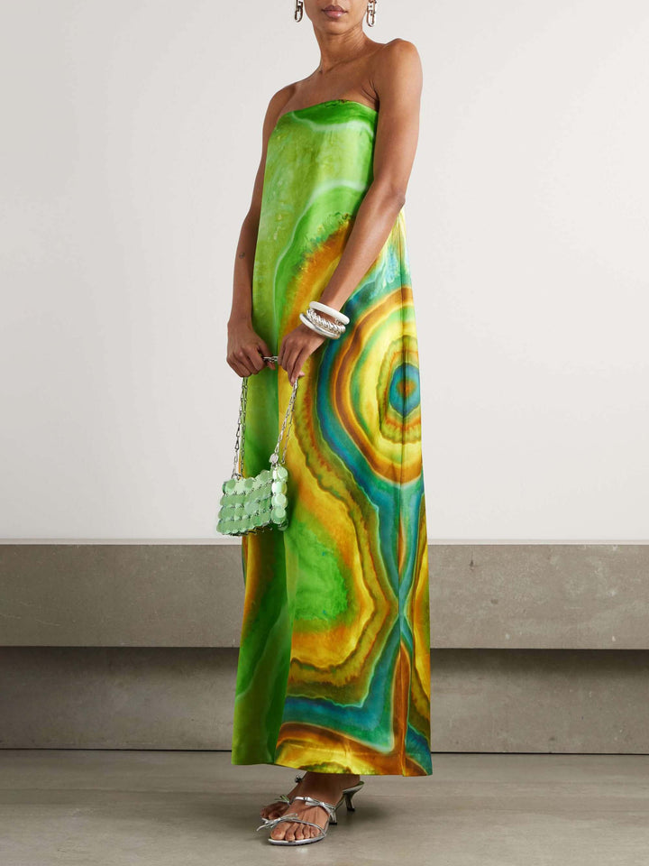 Exquisite Satin Off-the-shoulder Gradient Print Maxi Dress