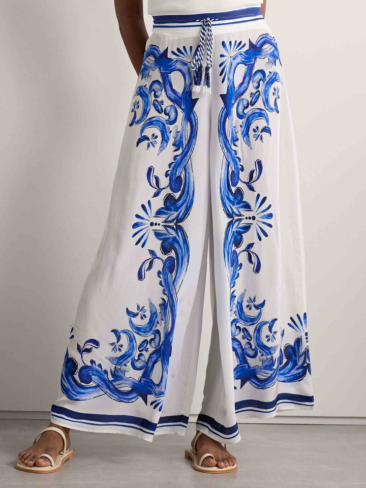 Exquisite Satin Garden Tile Print Loose Wide-leg Pants