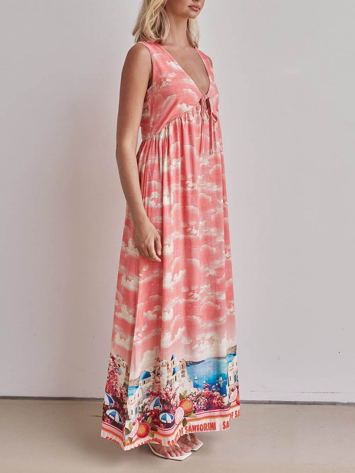 Unique Ink-Print V-Neck Lace-Up Loose-Fitting A-Line Maxi Dress