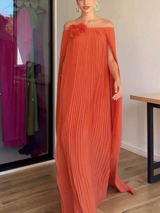 Flower Design Shawl Pleated Maxi Dress