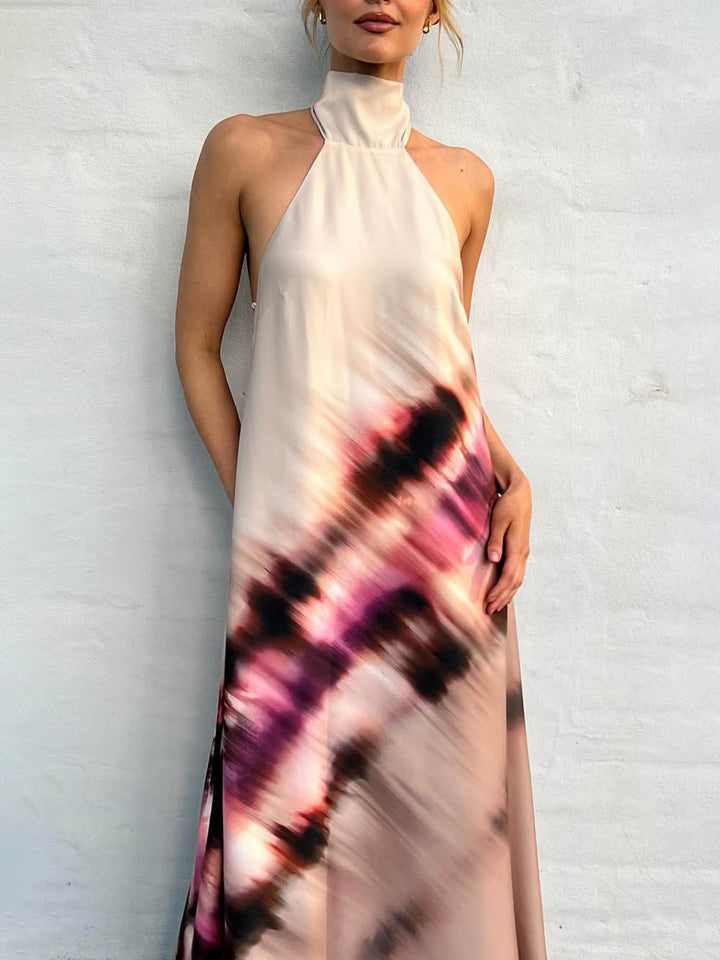 Unique Tie-Dye Printed Halterneck Lace Up Backless Maxi Dress