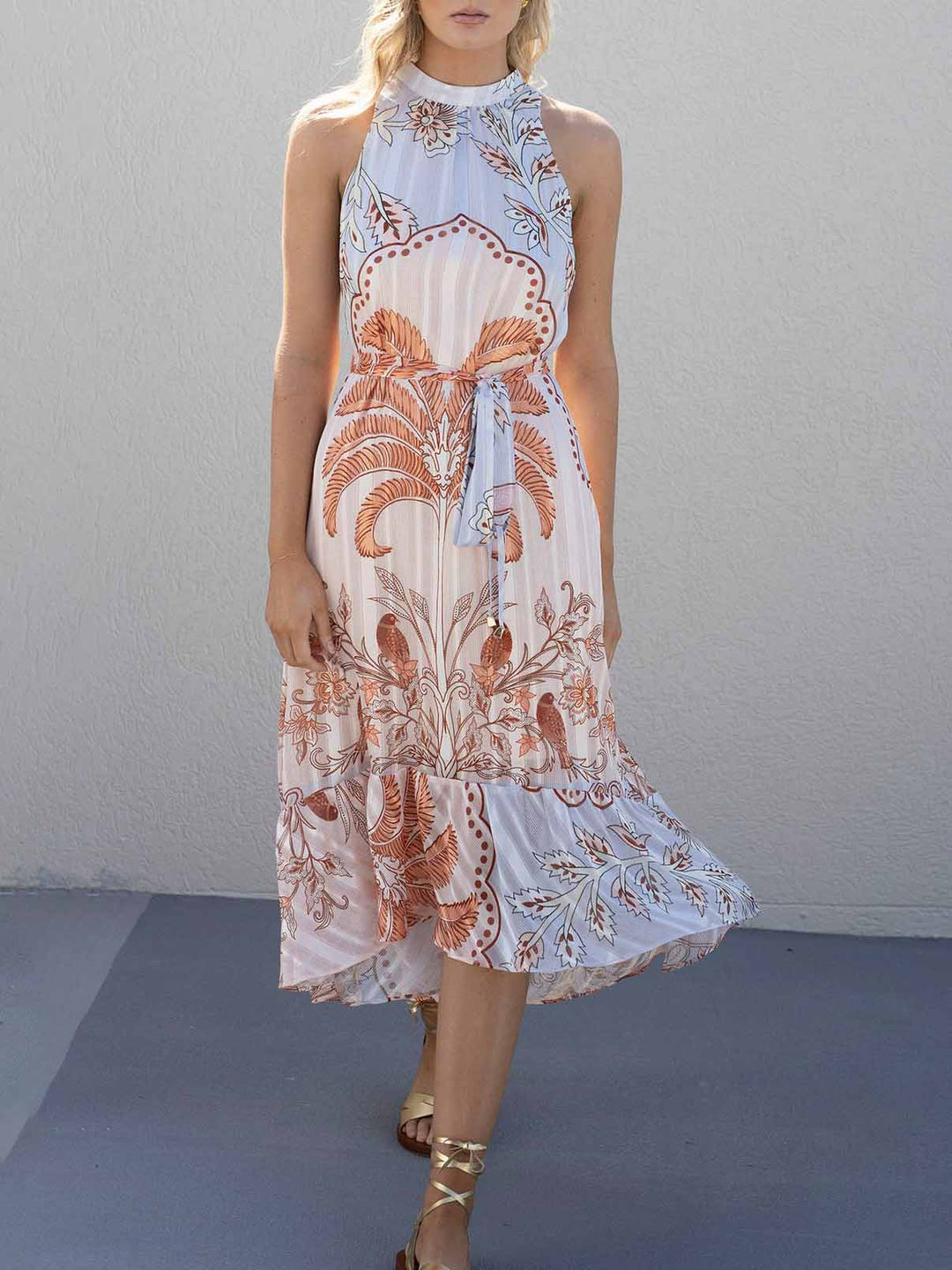 Tropical Palm Garden Print Sleeveless Midi Dress