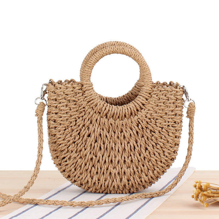 Vintage Coin Buckle Handbag: Woven Cotton Rope with Round Rattan Handle and Diamond Hollow Pattern