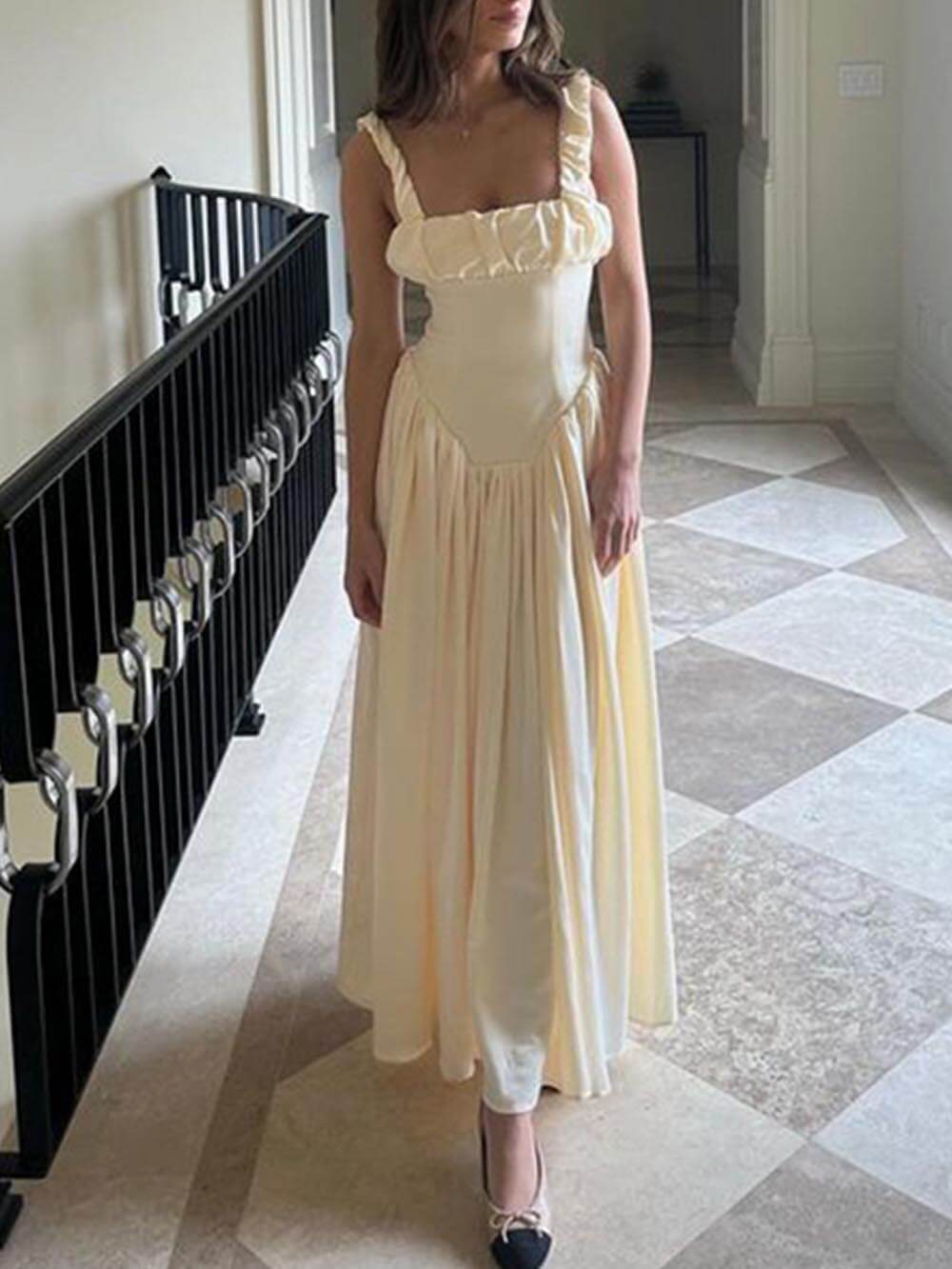 Elegant Pleated Strap Puffy Maxi Dress