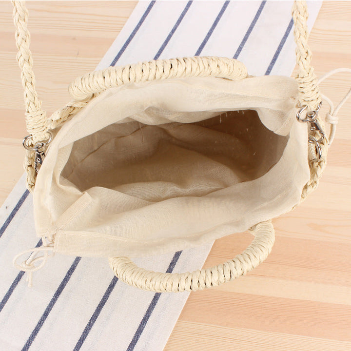 Vintage Coin Buckle Handbag: Woven Cotton Rope with Round Rattan Handle and Diamond Hollow Pattern