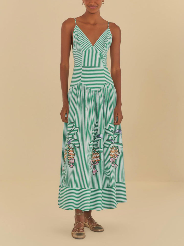 Exquisite V-neck Striped Banana Tree Print Midi Dress