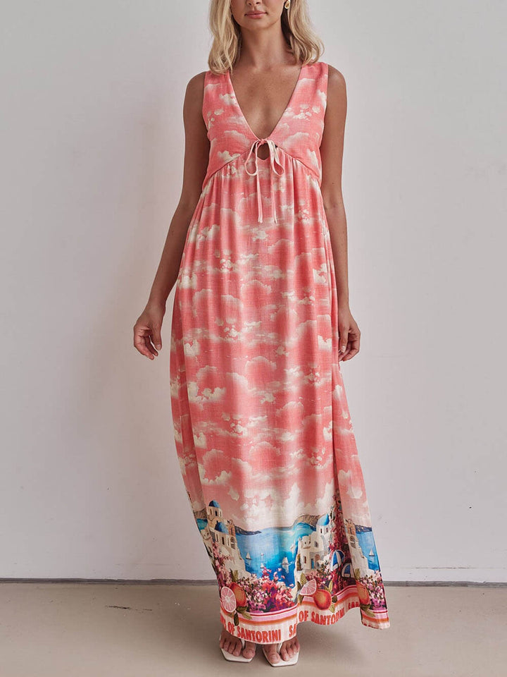 Unique Ink-Print V-Neck Lace-Up Loose-Fitting A-Line Maxi Dress