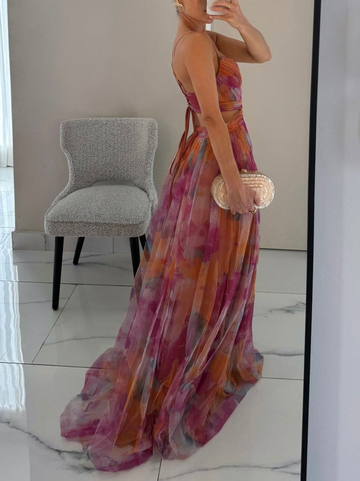 Vestido maxi elegante com estampa floral pintada e decote em V linha A