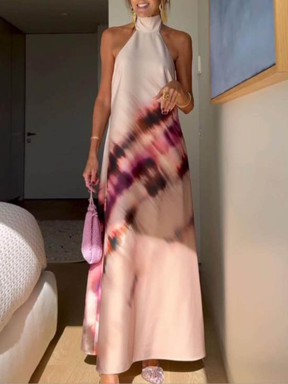 Vestido largo sin espalda con cordones y cuello halter estampado Tie-Dye exclusivo