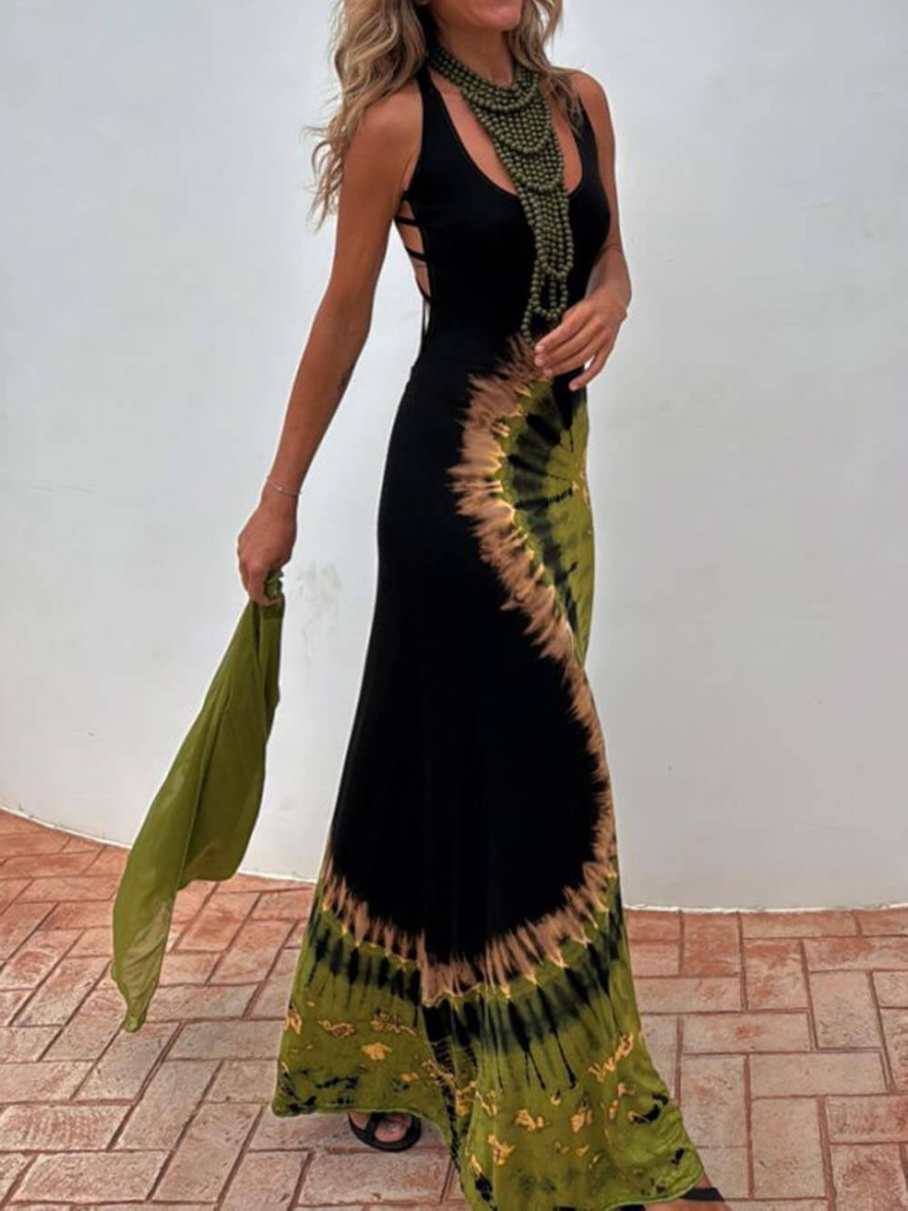 Unique Summer Adventures Tie-dye Print Back Lace-up Stretch Maxi Dress