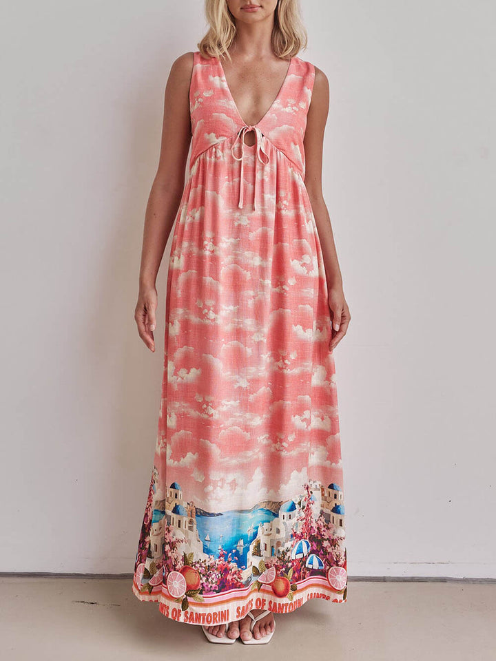 Unique Ink-Print V-Neck Lace-Up Loose-Fitting A-Line Maxi Dress