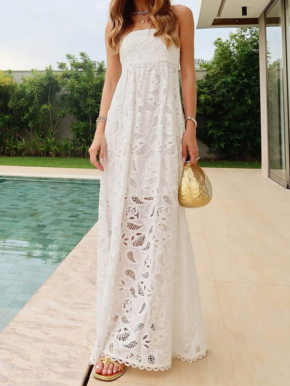 Fashionable Elegant lLace Hollow Tube Top Maxi Dress