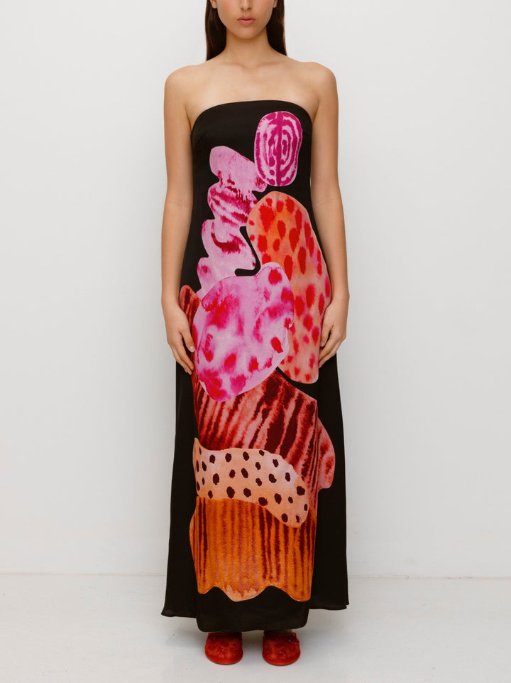 Unique Abstract Print Satin Wrap Maxi Dress