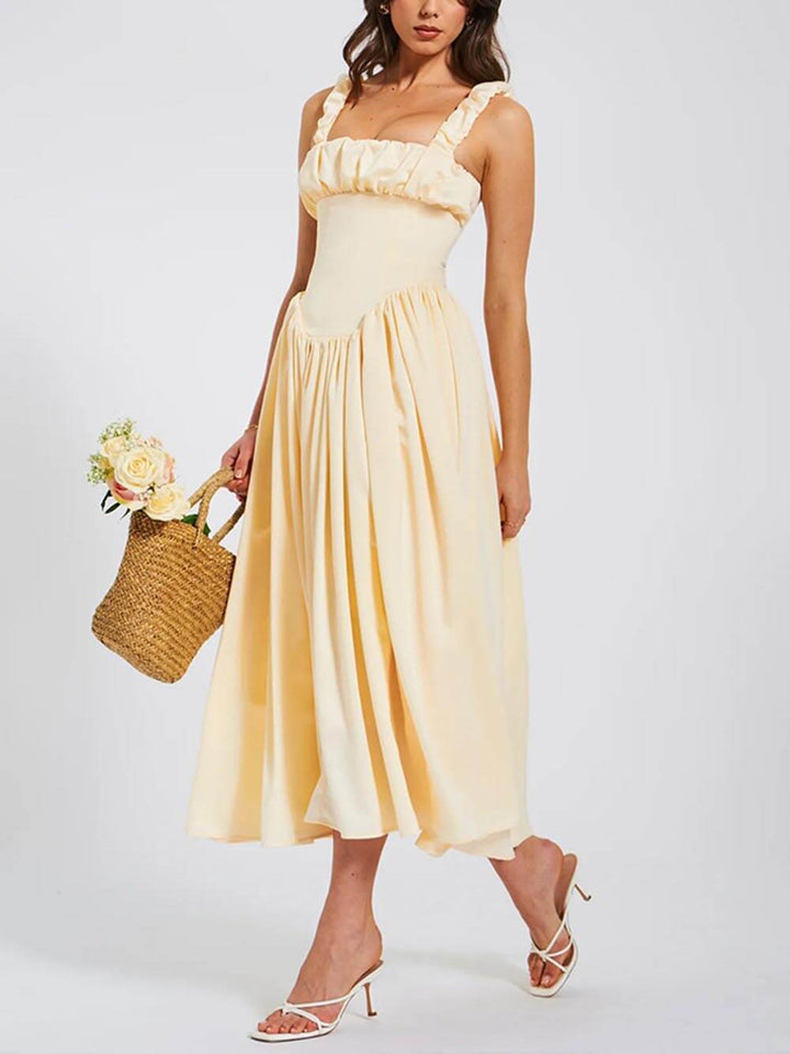 Elegant Pleated Strap Puffy Maxi Dress