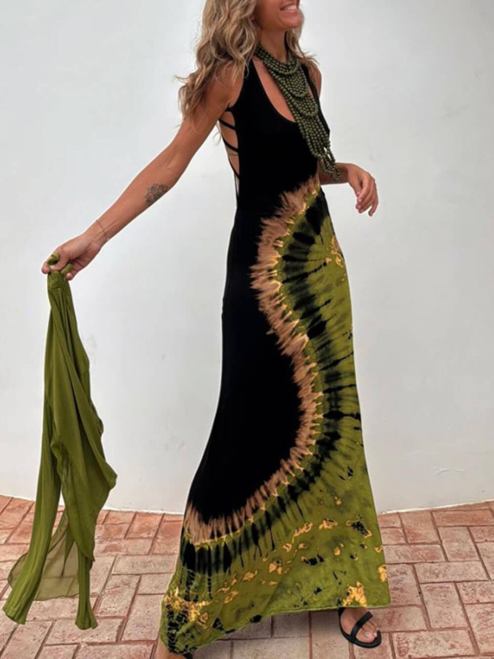 Unique Summer Adventures Tie-dye Print Back Lace-up Stretch Maxi Dress