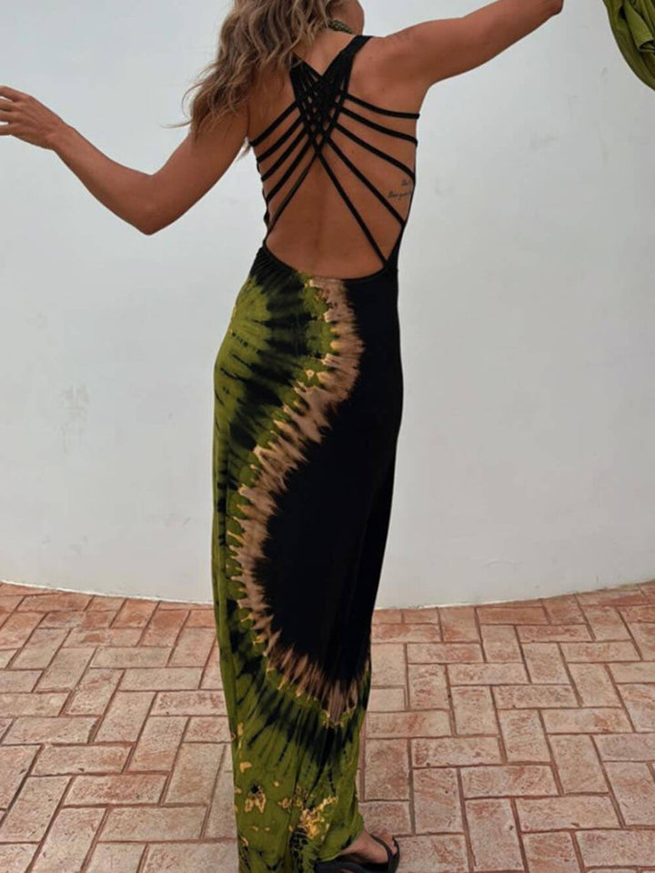 Unique Summer Adventures Tie-dye Print Back Lace-up Stretch Maxi Dress