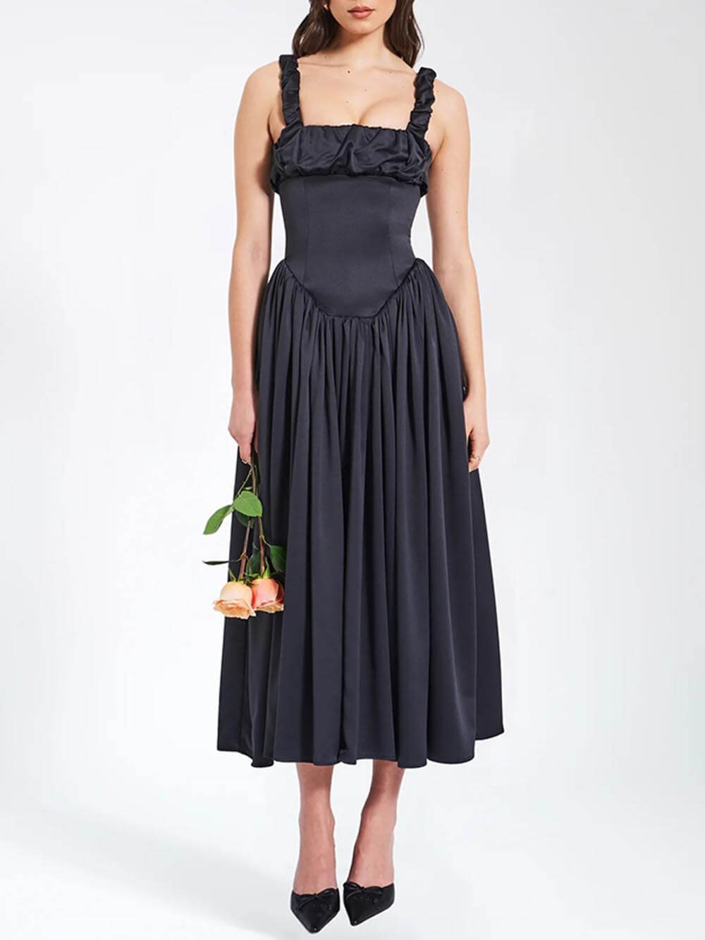 Elegant Pleated Strap Puffy Maxi Dress