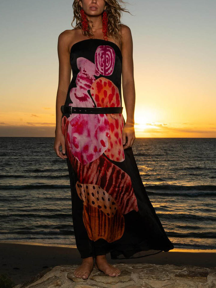 Unique Abstract Print Satin Wrap Maxi Dress