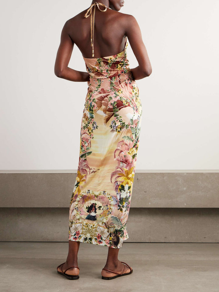Elegant Tropical Sunset Floral Print Waist Maxi Dress