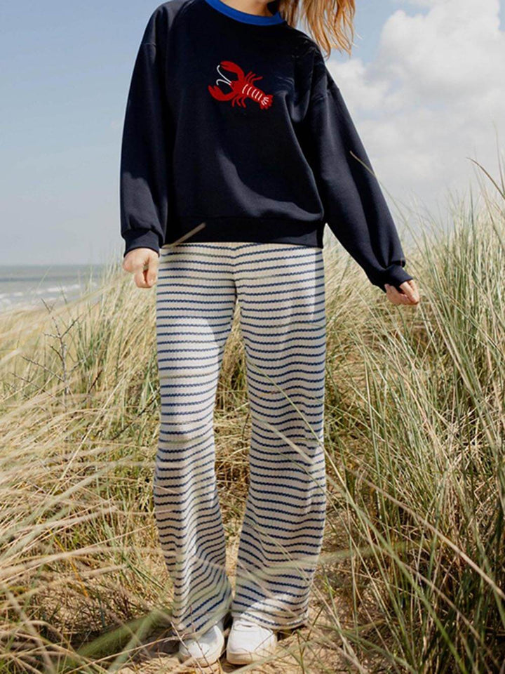 Sjov afslappet stil hummer broderi rund hals sweatshirt