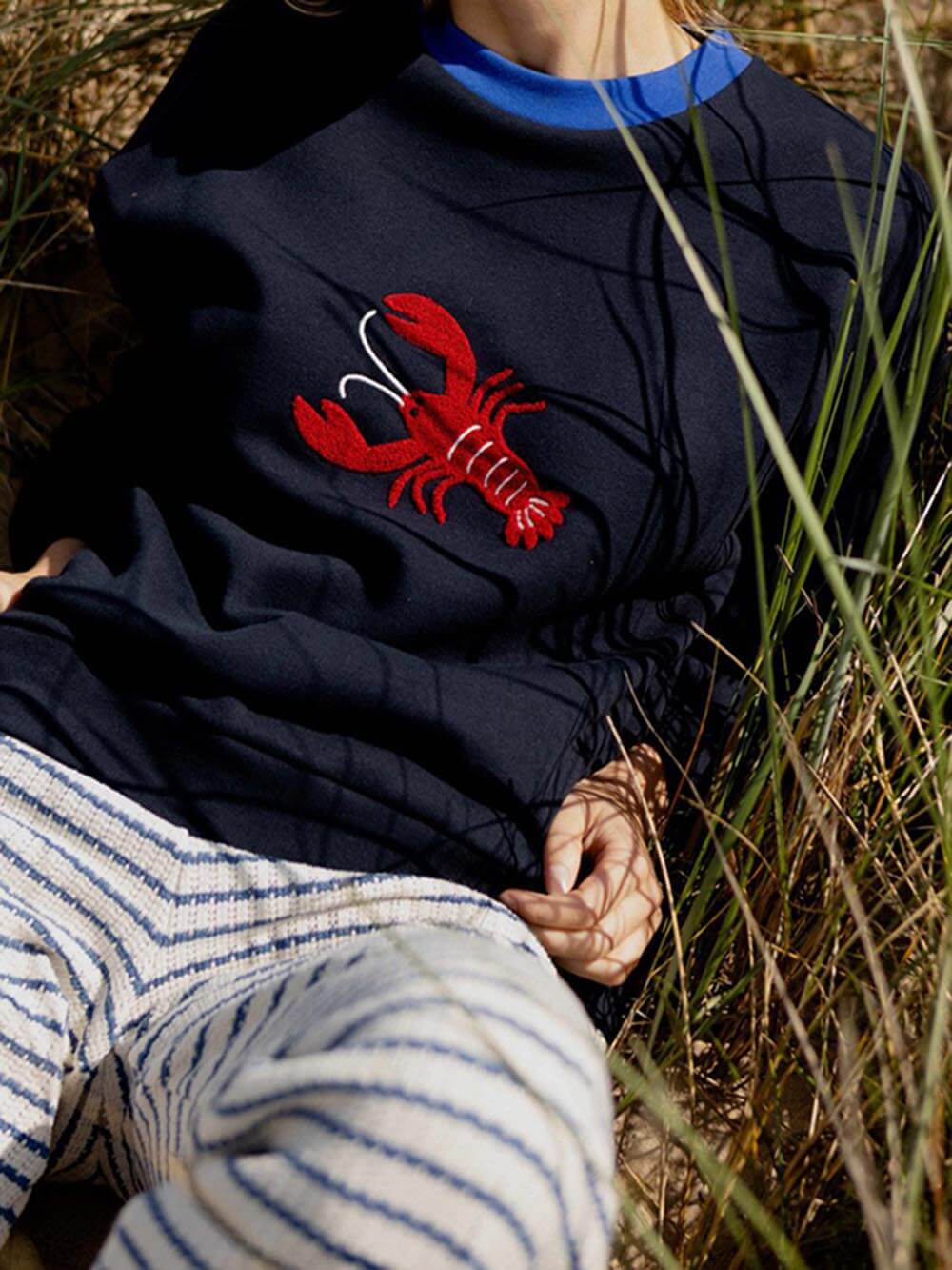 Funny Casual Style Lobster Embroidery Round Neck Sweatshirt