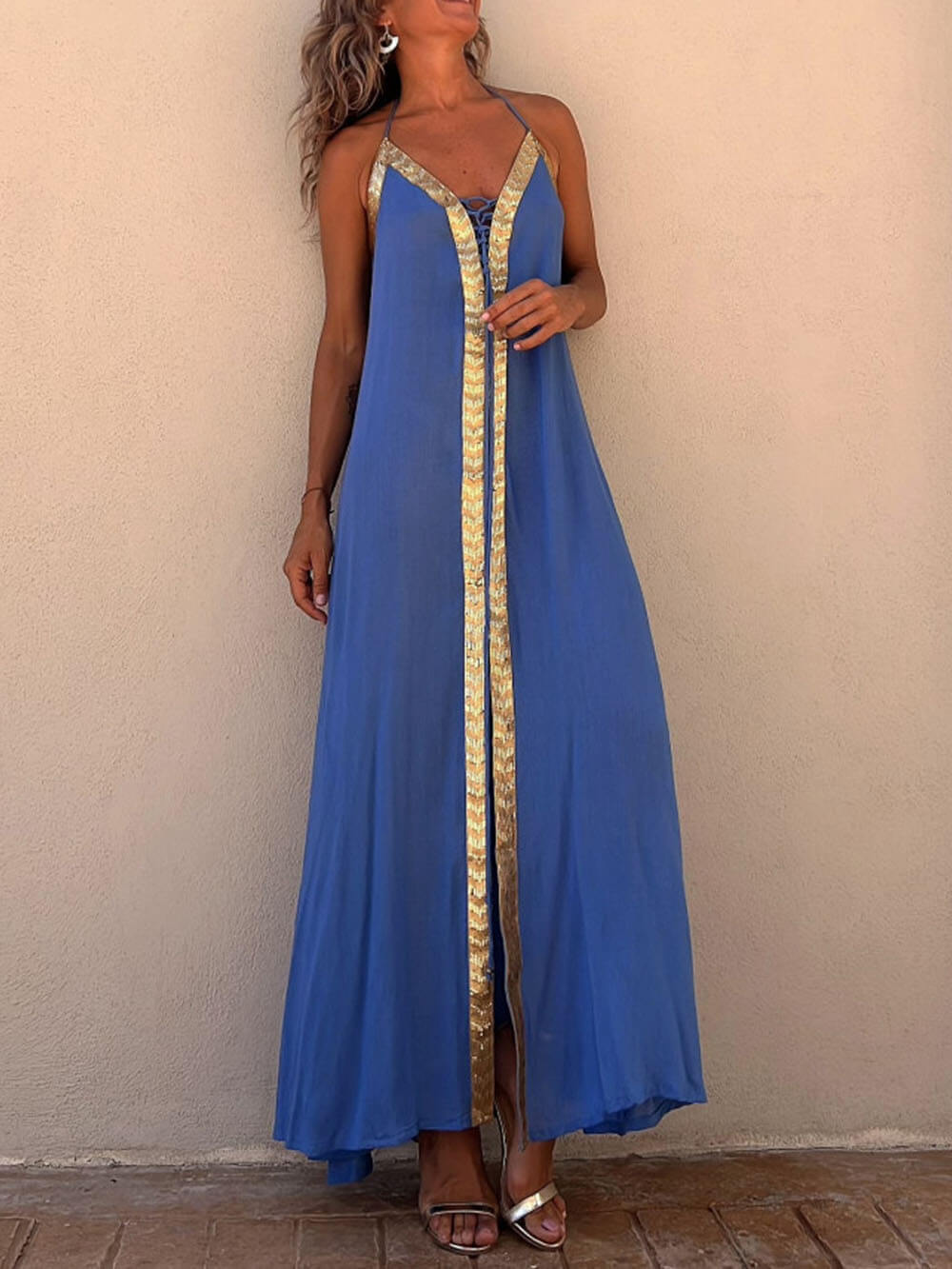 Abito maxi resort casual con scollo all'americana