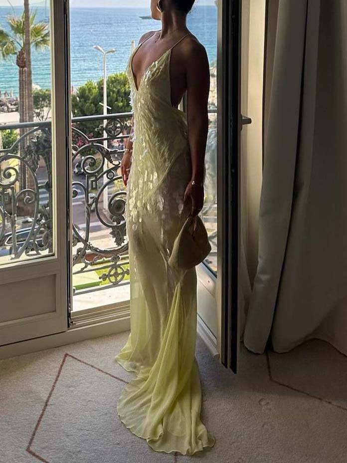 V-neck Backless Sequined Fishtail Maxi Dress