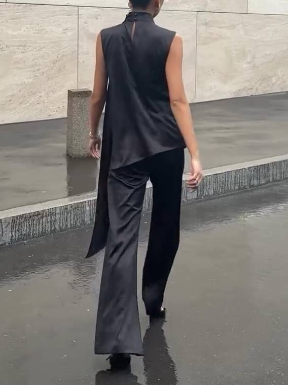 Pleated Design Irregular Hem Shirt And Wide Leg Pants Suit