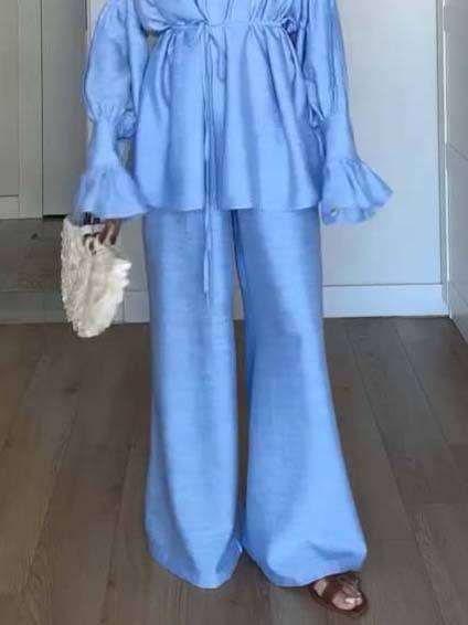 Loose Belt Shirt And Wide Leg Pants Suit-Pants