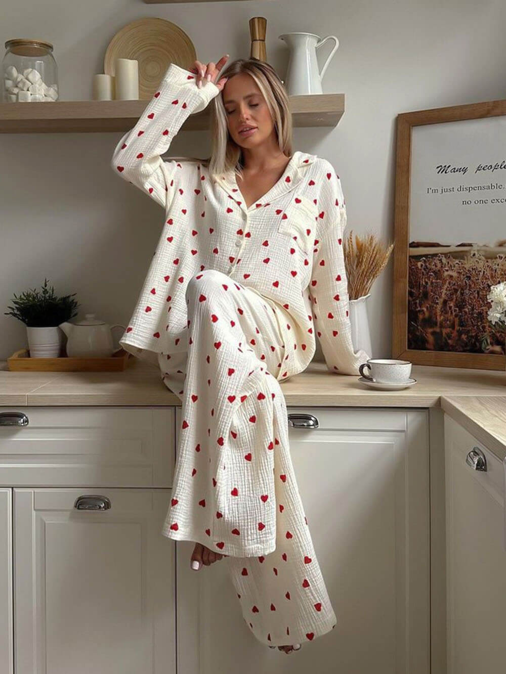 Pyjamasets met schattige hartprint en knoopsluiting