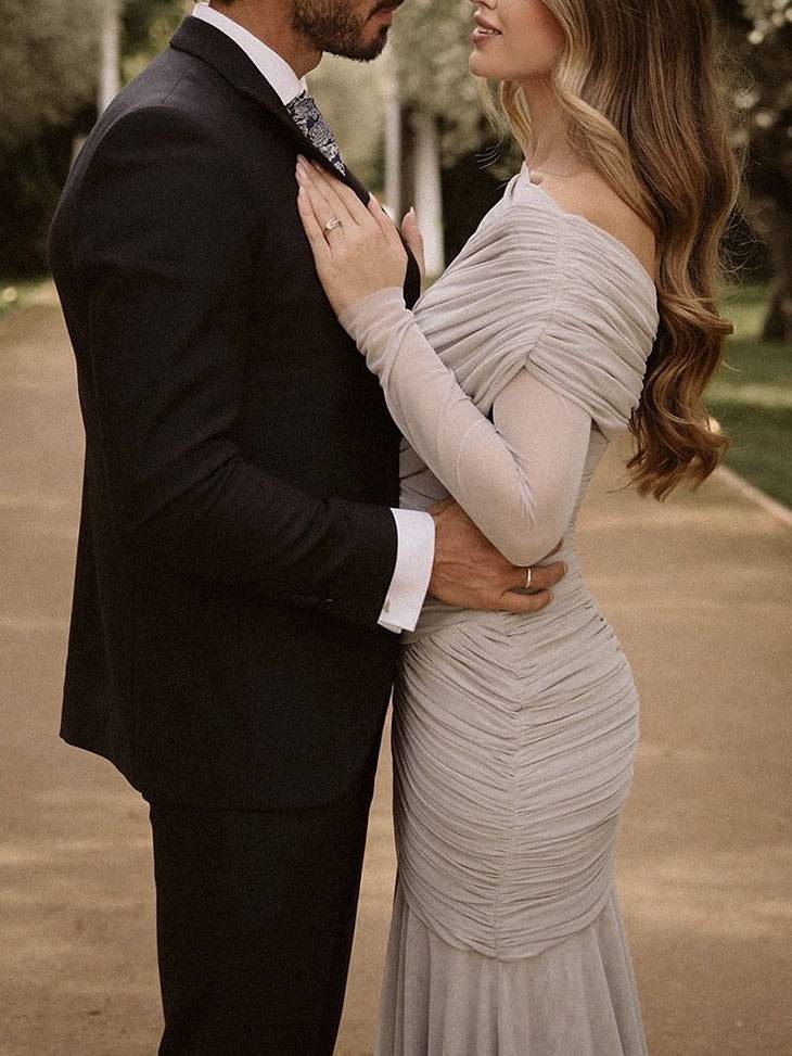 Cross Pleated Design Long Sleeve Maxi Dress