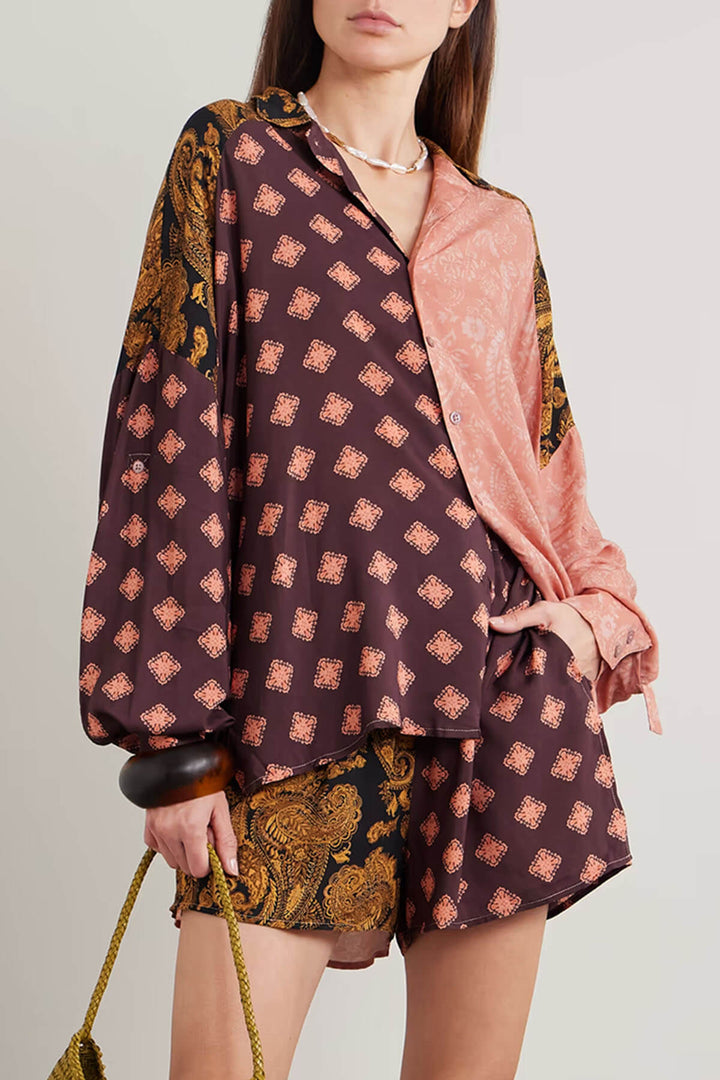 Exquisite Two-Tone Printed Loose Shirt And Pockets Elastic-Waist Shorts Set