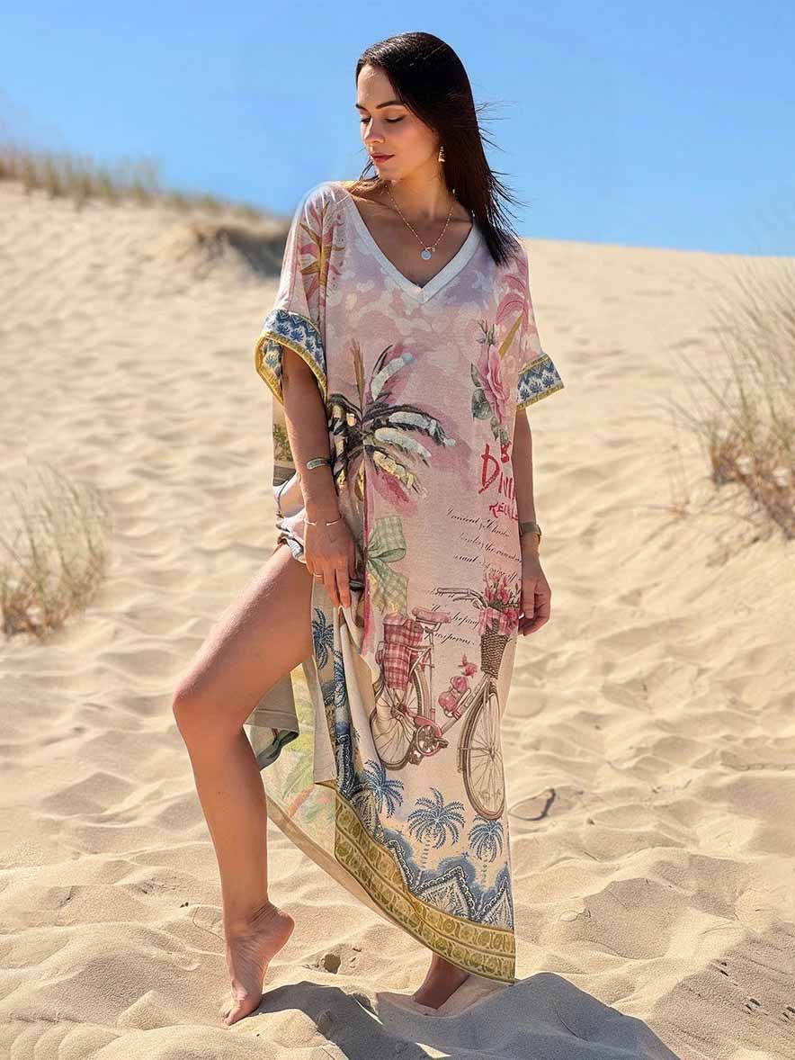 Unique V-Neck Tung Palm Print Slit Maxi Dress