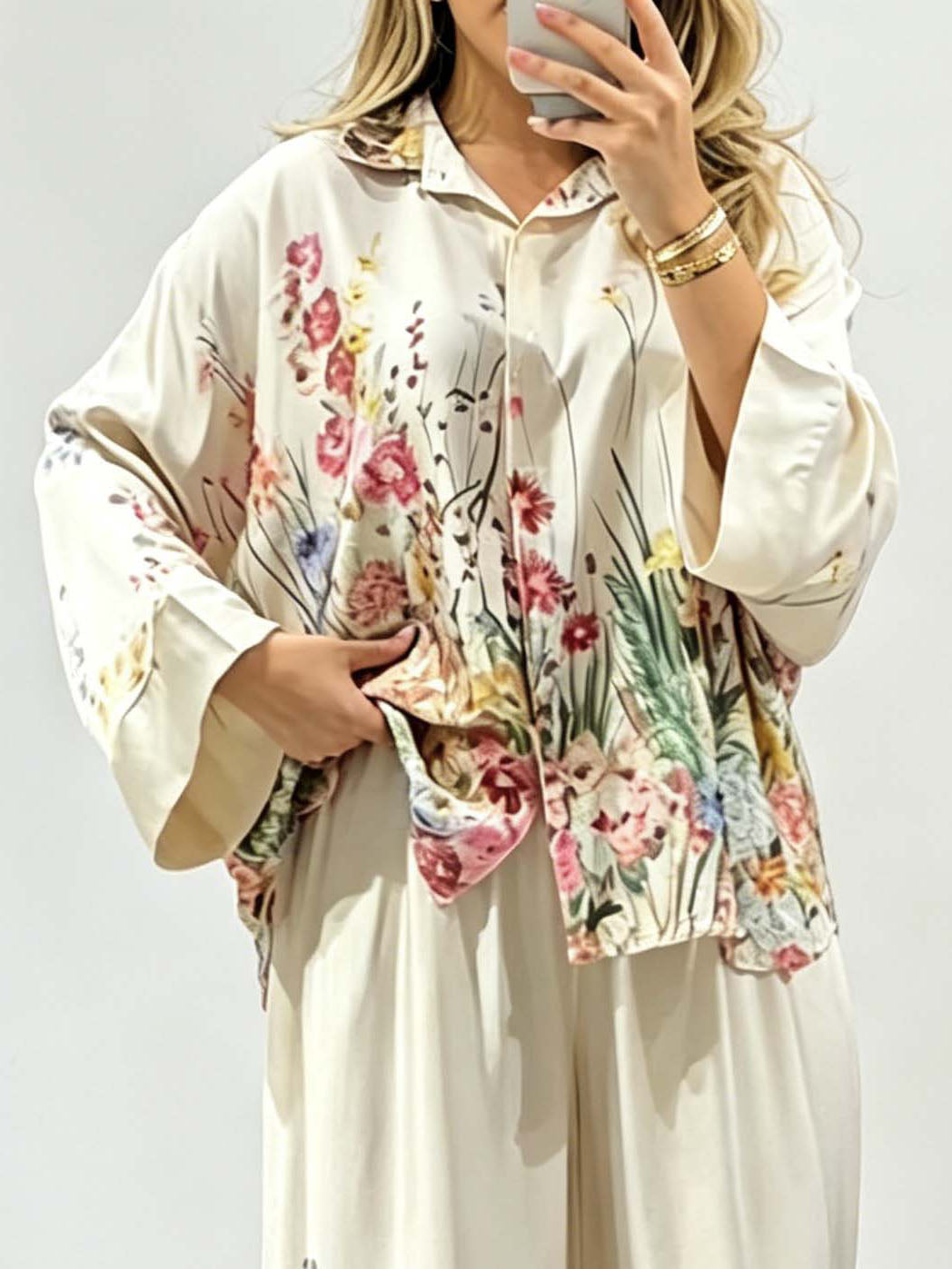 Elegant Floral Print Satin Wide Leg Pants