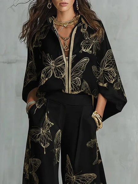 Elegant Butterfly Print Zip Shirt
