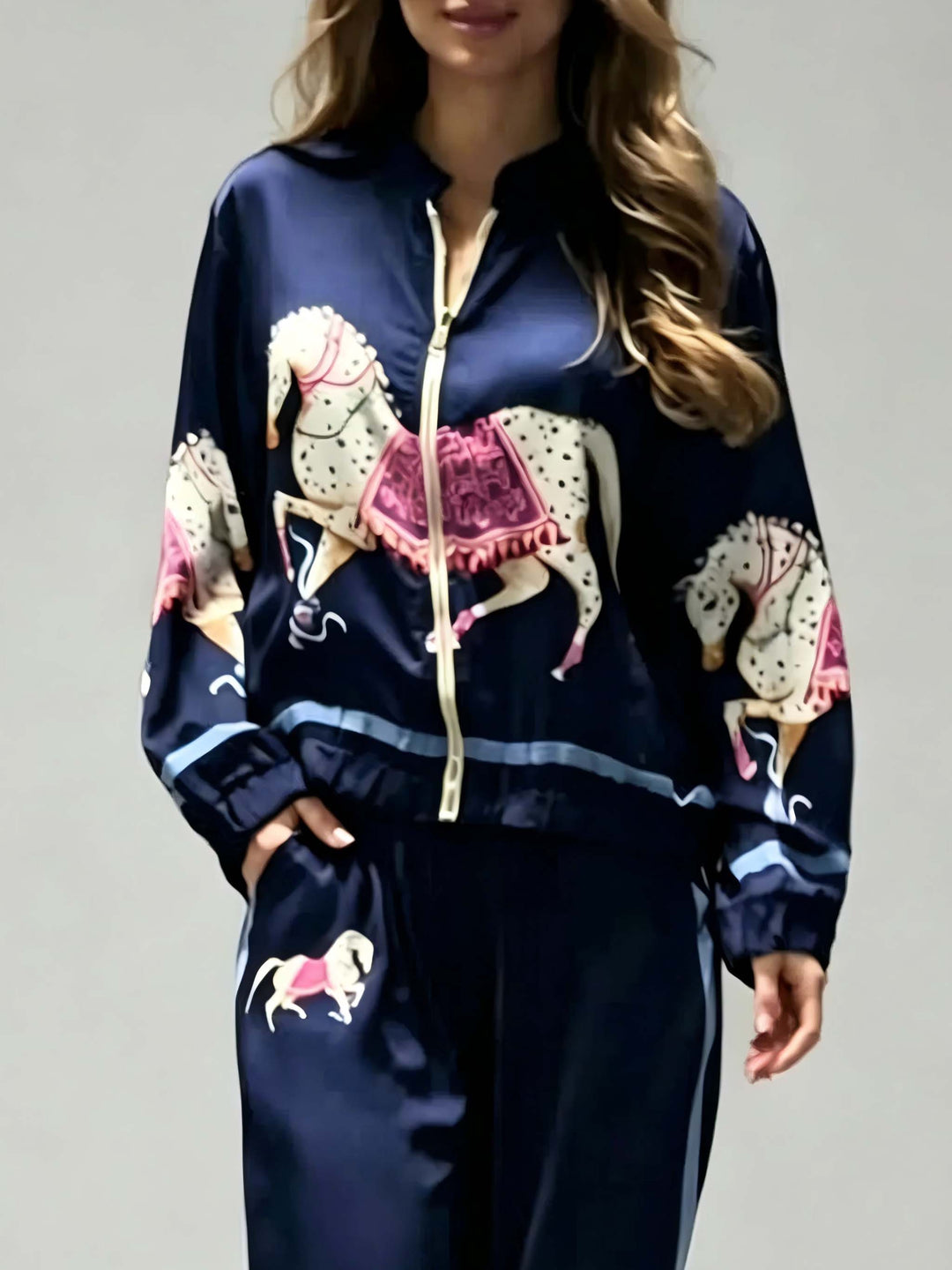 Exquisite Satin Horse Print Wide-Leg Pants