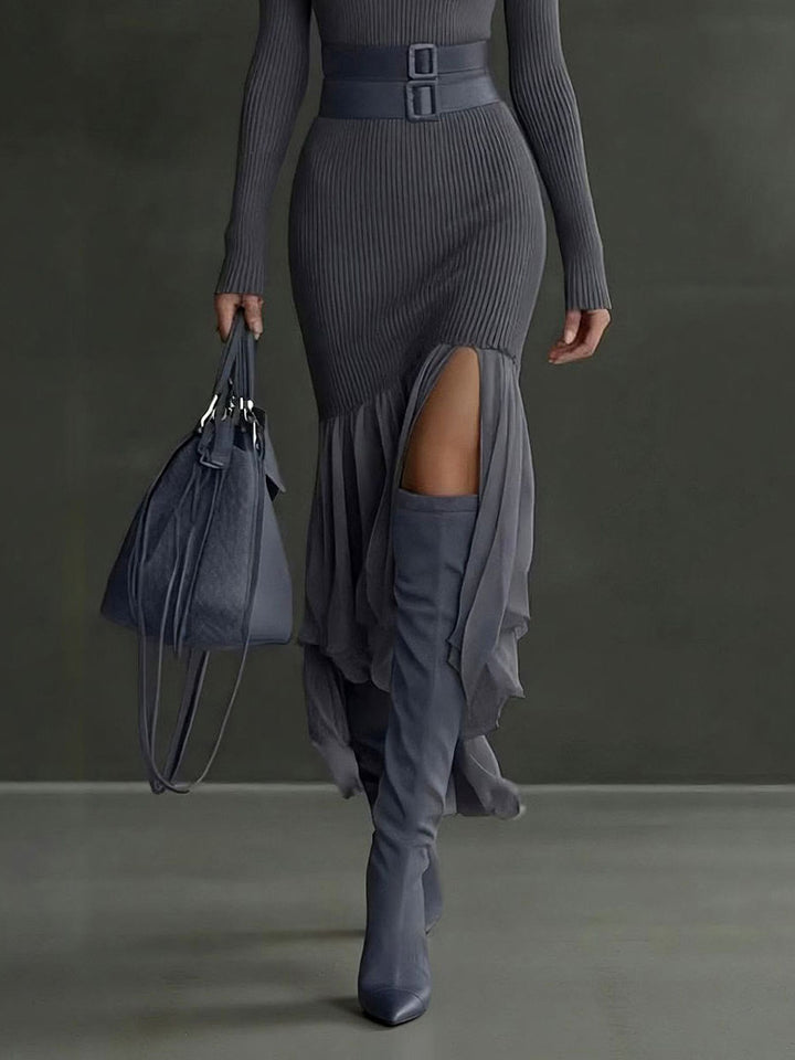 Elegant Asymmetrical Ruffled Knit Midi Dress