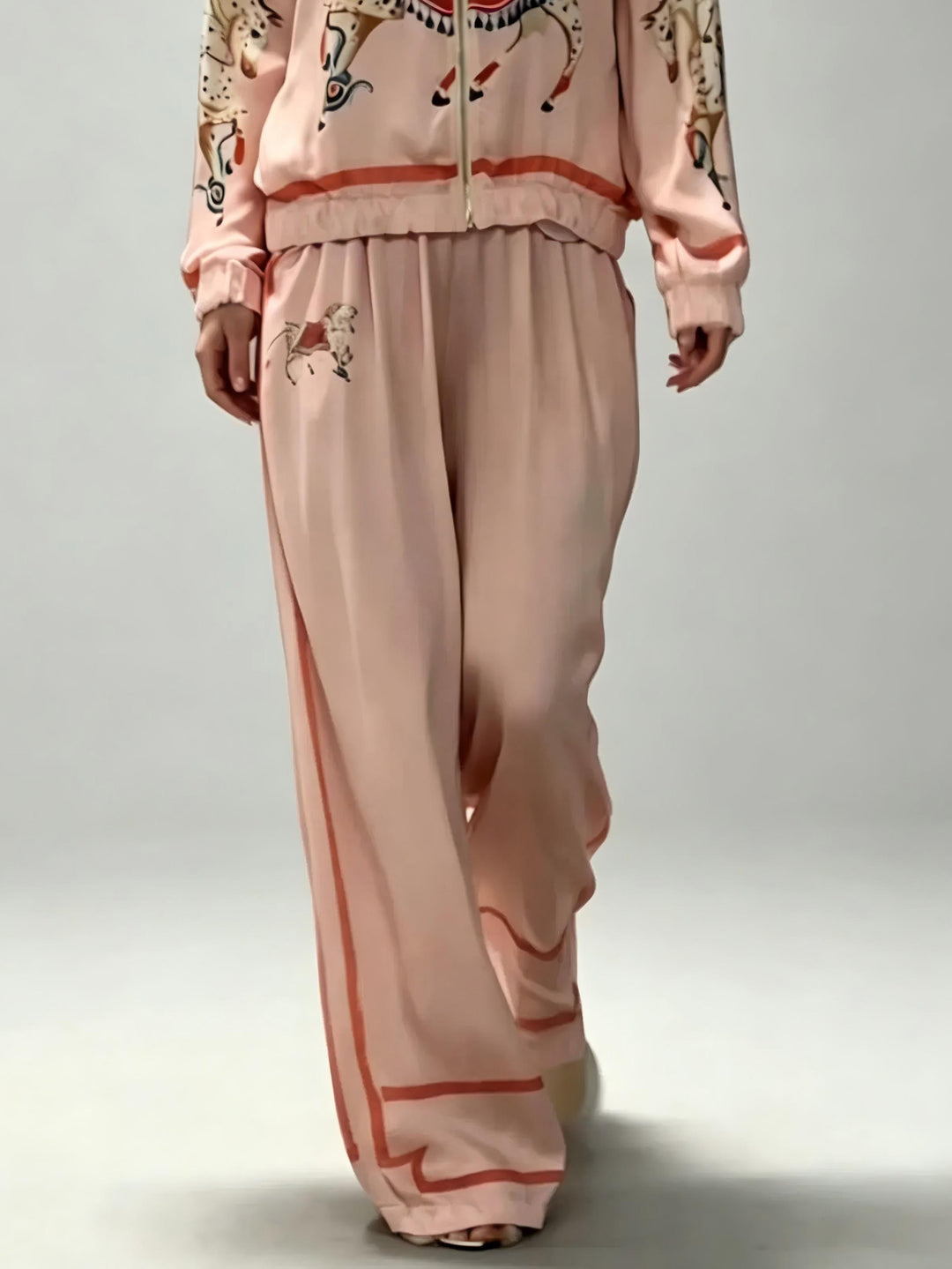 Exquisite Satin Horse Print Zip-Up Shirt
