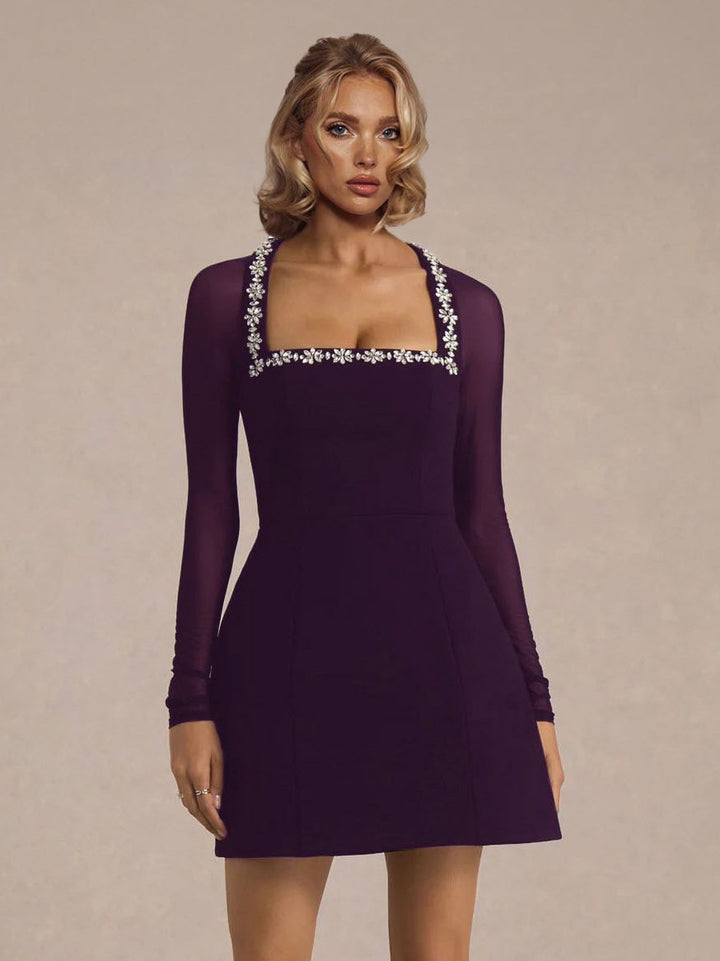 Elegant Crystal-embellished Mesh Sleeve Mini Dress