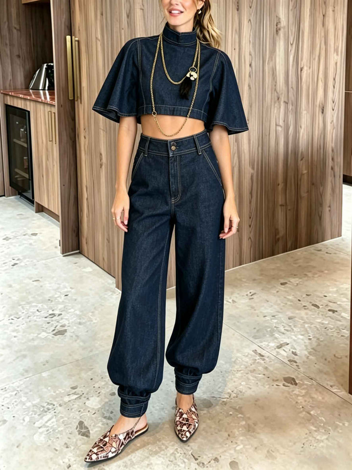High-Waist Denim Wide-Leg Tapered Pants