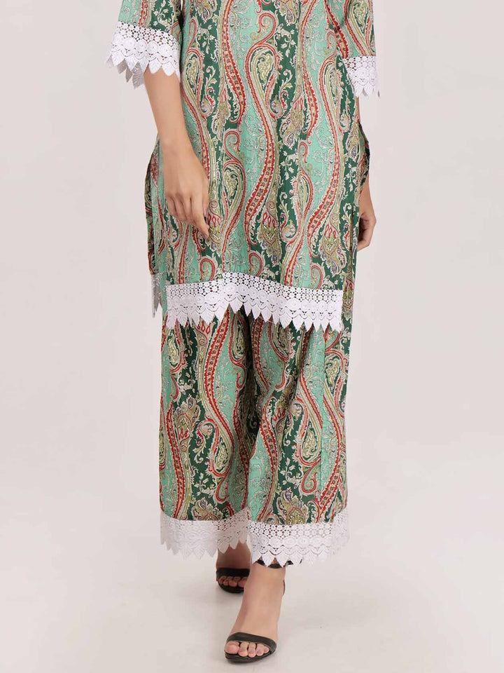 Elegant Paisley Print Lace-trimmed Wide-leg Pants