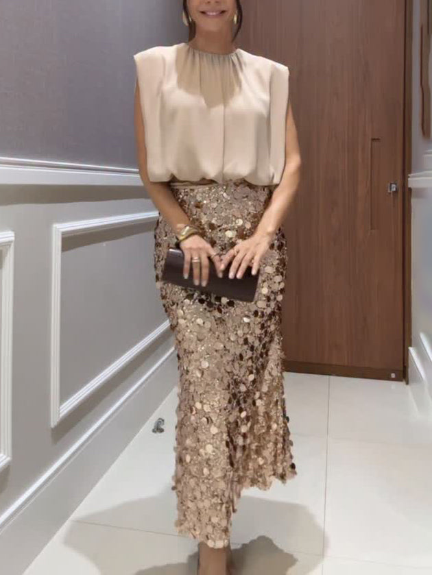 Elegant Sleeveless Blouse & Sequin Midi Skirt Two-Piece Set